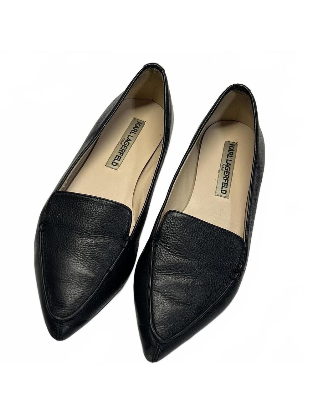 Karl Lagerfeld Paris Black Pebbled Leather Pointed Toe Flats Destine Women's 7.5